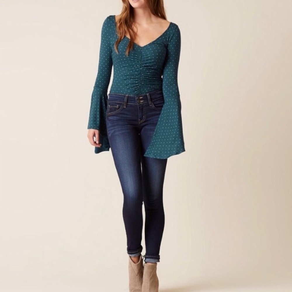 NWT We The‎ Free People Teal What A Babe Teal Bell Sleeve V-Neck Polka Dot Top M